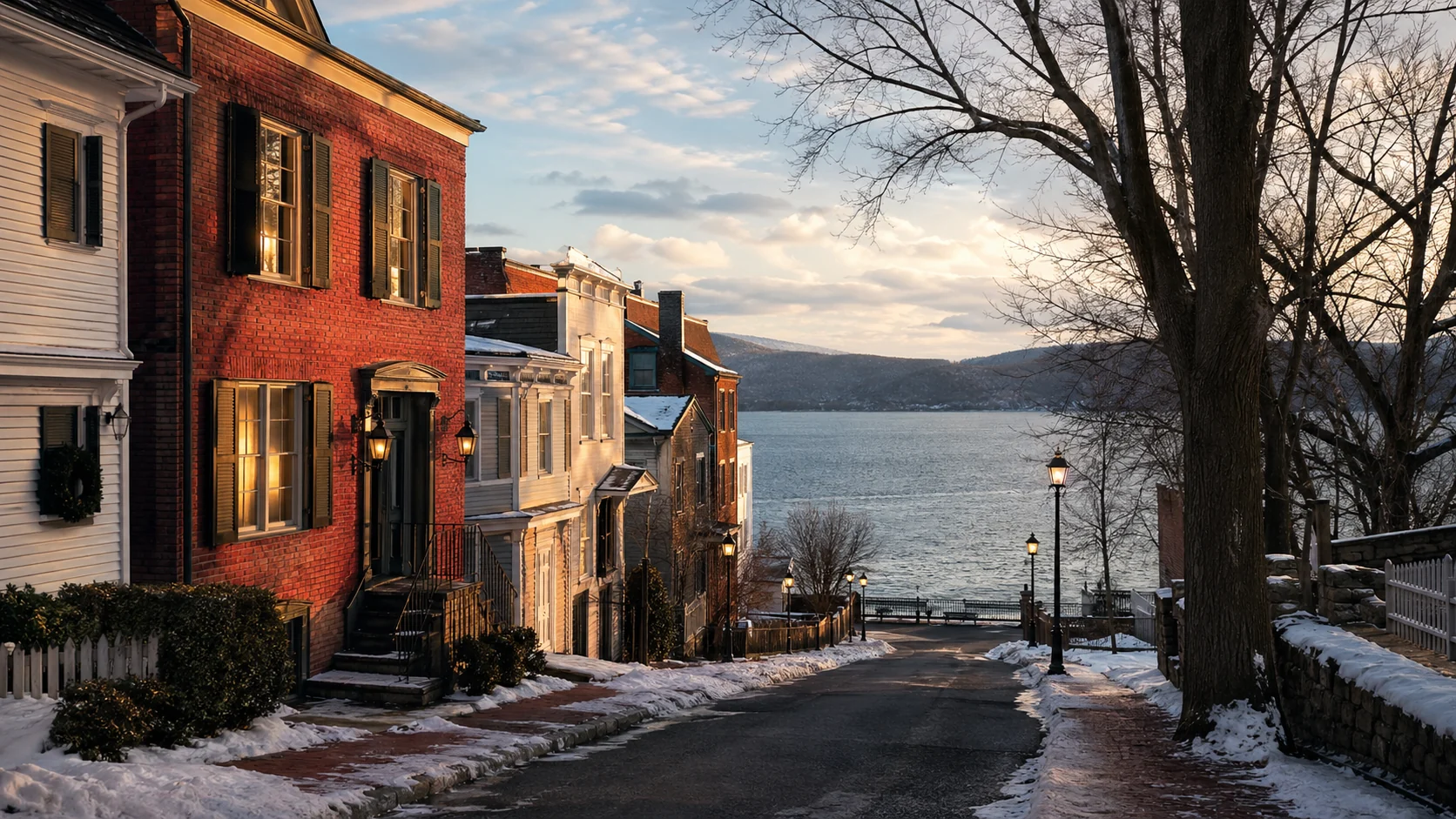 Snowy Tarrytown Train Station and Hudson River