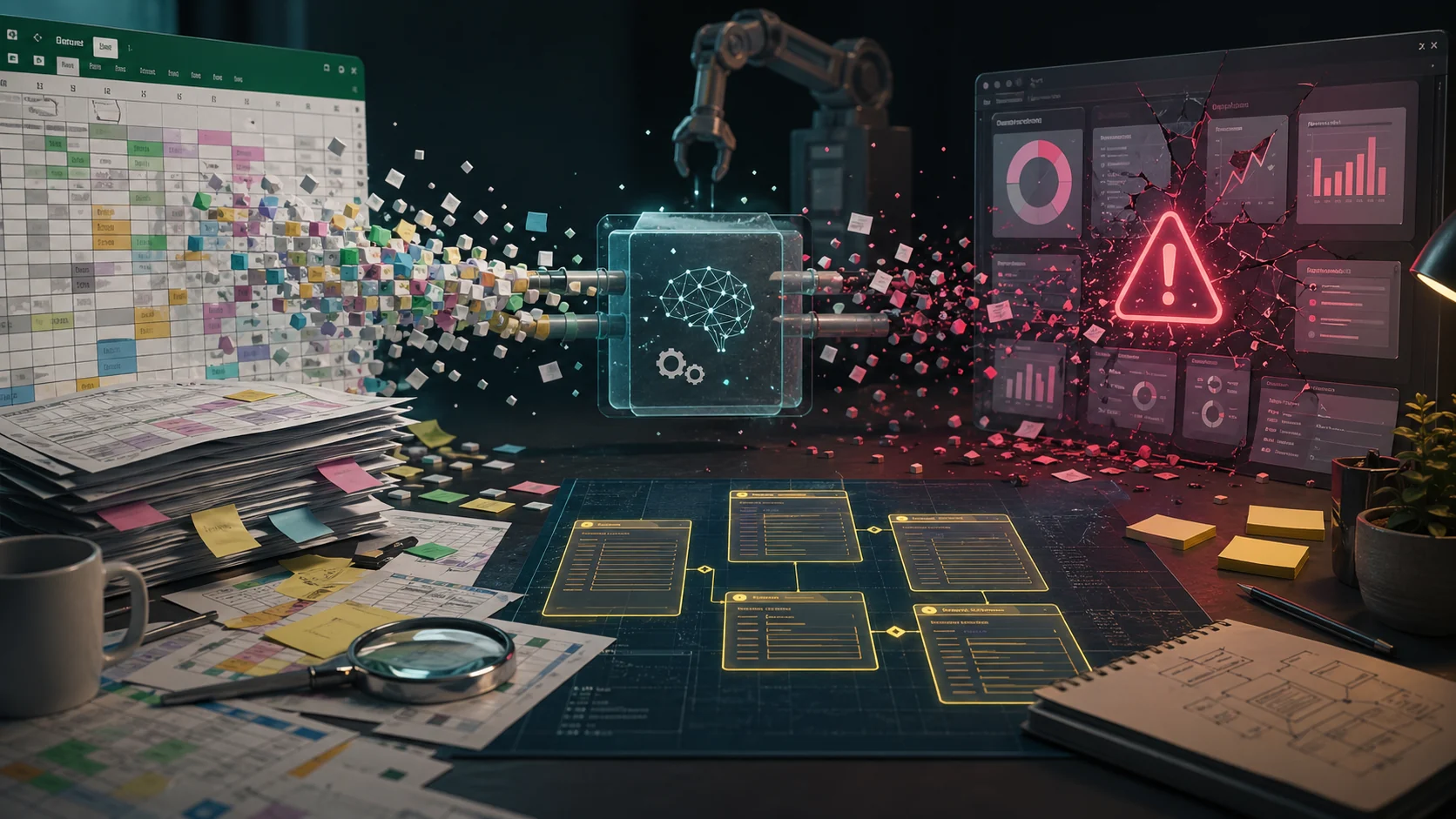 Data analytics and financial charts showing technology failure and insights.